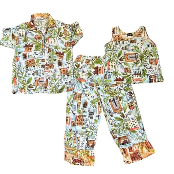 Liz & Jane 3-Piece Set Medium Shirt Pants Tank Top Tropical Travel Print - Picture 1 of 8